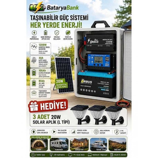 205W Güneş Enerjisi Seti 100Ah LiFePO4 Lityum Akülü – Mini Buzdolabı, TV, Aydınlatma ve Telefon Şarj Sistemi