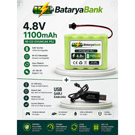4.8V 1100mAh Oyuncak Araba Pili Siyah Soket + USB 4.8V Şarj Cihazı 250mAh Seti
