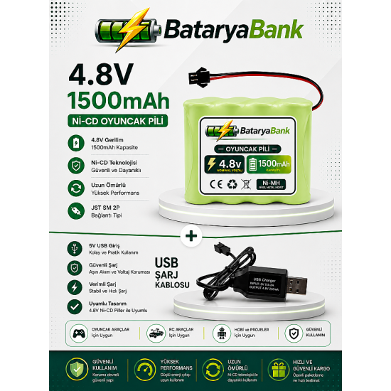 4.8V 1500mAh Oyuncak Araba Pili Bataryası + USB Şarj Cihazı Siyah Soketli Ni-MH Şarjlı Batarya Seti 4.8V 1500mAh Oyuncak Araba Pili Bataryası + USB Şarj Cihazı Siyah Soketli Ni-MH Şarjlı Batarya Seti