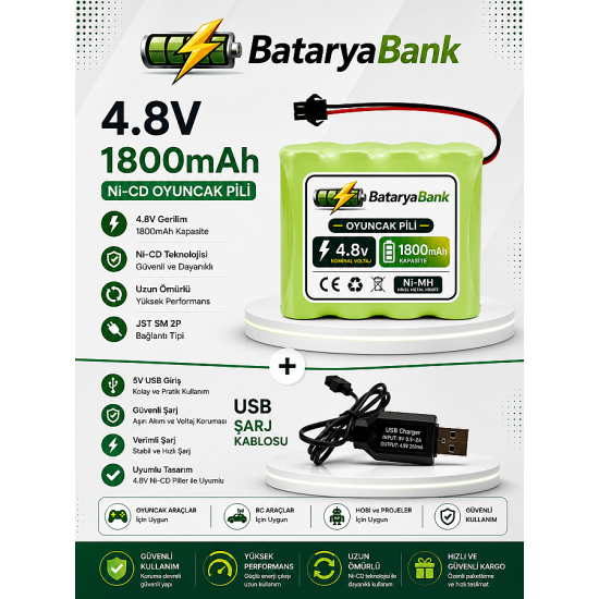 4.8V 1800mAh Oyuncak Araba Pili Bataryası Siyah Soket + USB Şarj Cihazı Seti 4.8V 1800mAh Oyuncak Araba Pili Bataryası Siyah Soket + USB Şarj Cihazı Seti