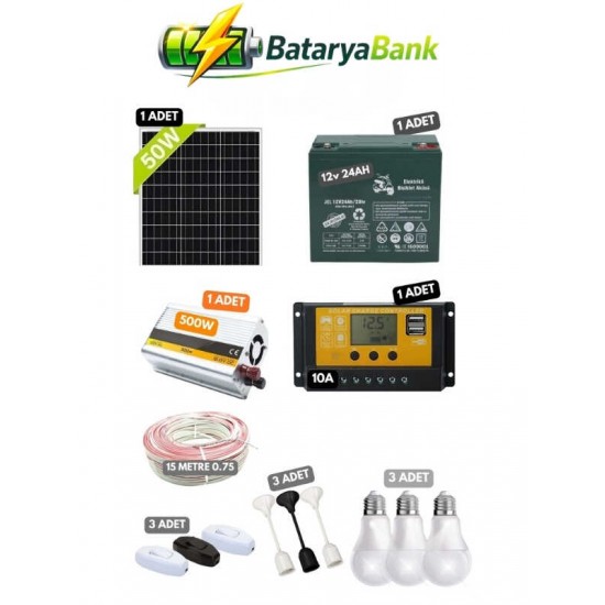 50W Güneş Paneli Seti 12V 24Ah Jel Akü TV Çalıştırma Bağ Evi Yayla Karavan Solar Sistem