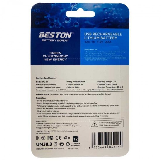 Beston AAA 1.5v USB'den TYPE-C'ye 4lü Şarjlı Li-ion Pil