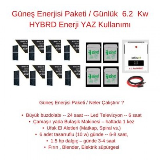 Güneş Enerjisi Paketi / Günlük 6.2 Kw HYBRD Enerji YAZ Kullanımı Güneş Enerjisi Paketi / Günlük 6.2 Kw HYBRD Enerji YAZ Kullanımı