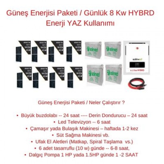Güneş Enerjisi Paketi / Günlük 8 Kw HYBRD Enerji YAZ Kullanımı Güneş Enerjisi Paketi / Günlük 8 Kw HYBRD Enerji YAZ Kullanımı