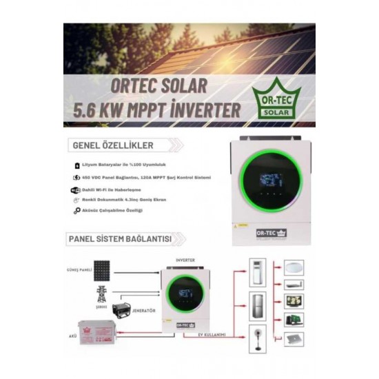 Ortec Solar 48V 5.6Kw/5600VA MPPT Wi-Fi Tam Sinüs Akıllı İnvertör Ortec Solar 48V 5.6Kw/5600VA MPPT Wi-Fi Tam Sinüs Akıllı İnvertör