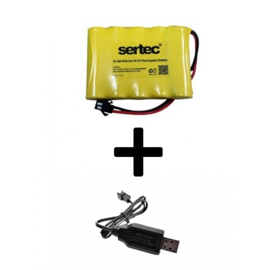 Sertec 6V 800mAh Siyah Soket Oyuncak Araba Pili + USB Şarj Cihazı Seti