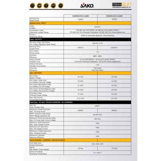 Sako Sunon Eco 6.2KW Tam Sinüs Akıllı İnverter 48V 6200W