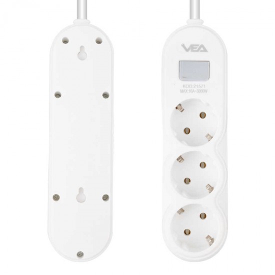 VEA VA-21571 3'LÜ 1.5 METRE KABLOLU ANAHTARLI BEYAZ AKIM KORUMALI PRİZ