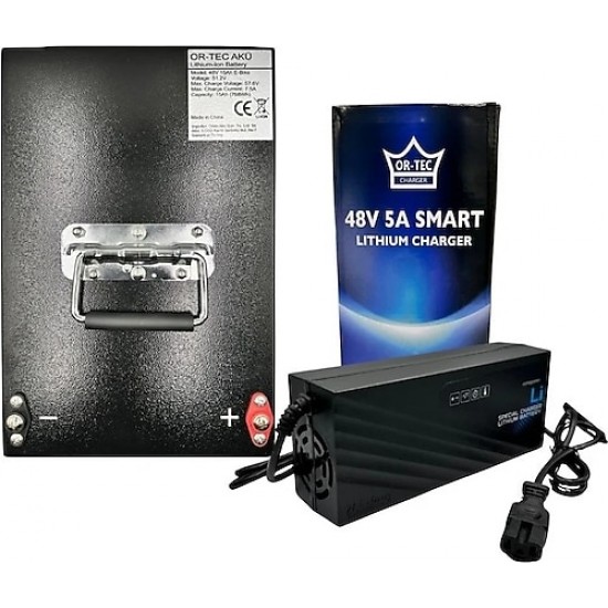 21758 ORTEC 48V 15AH(14 Ah Uyumlu) Lityum LiFePO4 Elektrikli Motosiklet Aküsü - 48V 5A Lityum Şarj Cihazı Seti