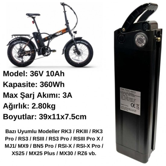 19027 Ortec Rks 36V 10AH Yeni Nesil Elektrikli Bisiklet Bataryası