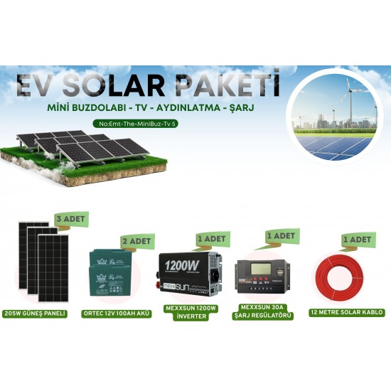 21622 Ev Tipi Güneş Enerji Sistemi Paketi - Mini Buzdolabı, TV, Aydınlatma, Şarj İçin | 1200W İnverterli Solar Enerji Seti