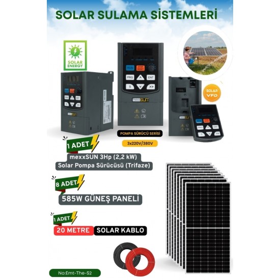 SOLAR GÜNEŞ ENERJİ SULAMA SİSTEMİ MEXSUNN 3HP 2.2 KW TRİFAZE SOLAR POMPA SÜRÜCÜSÜ 585 W GÜNEŞ PANELİ