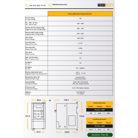 SOLAR GÜNEŞ ENERJİ SULAMA SİSTEMİ MEXSUNN 3HP 2.2 KW TRİFAZE SOLAR POMPA SÜRÜCÜSÜ 585 W GÜNEŞ PANELİ
