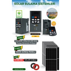 SOLAR GÜNEŞ ENERJİ SULAMA SİSTEMİ MEXSUNN 7.5 HP 5.5 KW TRİFAZE SOLAR POMPA SÜRÜCÜSÜ 585 W Güneş Paneli