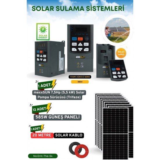 SOLAR GÜNEŞ ENERJİ SULAMA SİSTEMİ MEXSUNN 7.5 HP 5.5 KW TRİFAZE SOLAR POMPA SÜRÜCÜSÜ 585 W Güneş Paneli